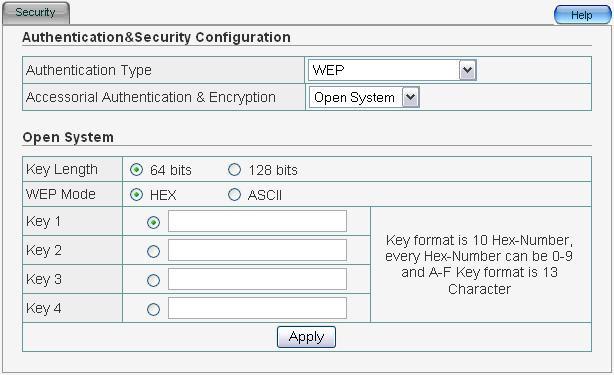 Accessorial Authentication & Encryption: Select from Open System, Shared Key and Auto Select. Shared Key requires the same WEP keys between ZEW3003 and work station.