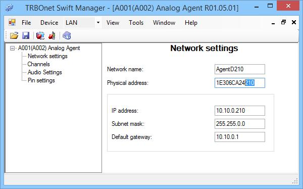 Figure 20: Updating the network settings of Swift Agent A002 In the right pane, type the required network settings of your Swift Agent A002.