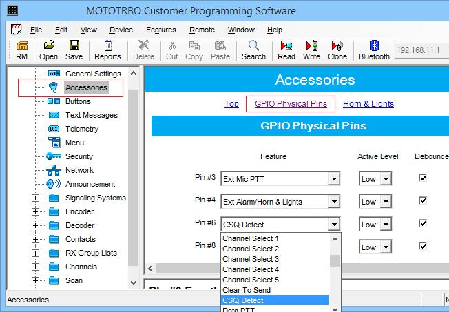 On the Device menu, click Write. To configure the GPIO pins on the radio, install the radio programming software to your computer. For configuring a MOTOTRBO radio, use the MOTOTRBO CPS software.