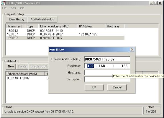 BOOTP/DHCP Mode (300/400) Assigns an IP address using the BOOTP/DHCP server respectively.