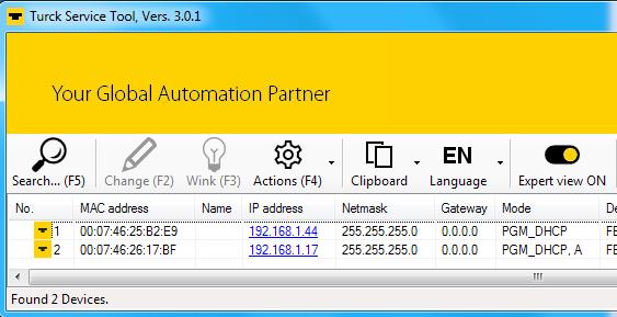 4.3 Service Tool Features The Service tool displays the assigned IP addresses of devices on the network: Overview of Features F5 Network Search function is used to discover Turck devices connected to