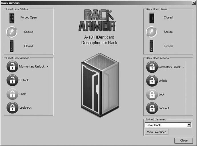 3.3 Cabinet Details View The rack details view can be opened from any rack icon on a dynamic map, or from the Globals > Racks folder, shown in Figure 3.3.1. Figure 3.3.1 The rack details window shows rack status, and provides rack access control options to lock, unlock or momentarily unlock the front or back cabinet door.