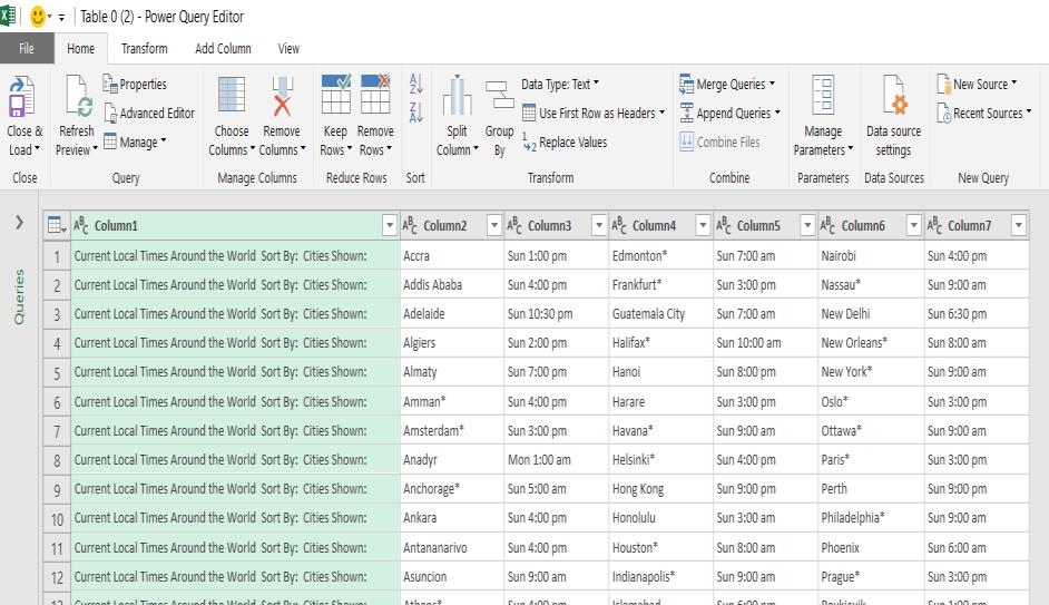 Remove the first column using the Power Query Editor s Remove Columns button. Click on the Close & Load button. Save the addition. The data will be opened in a Table in a new sheet tab.