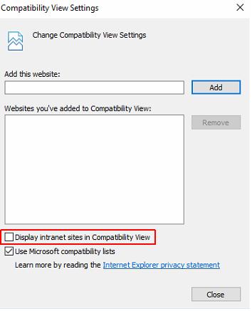 Deselect the Display intranet sites in Compatibility View check box.