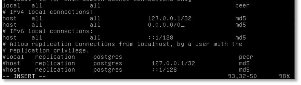 Under IPv4 local connections add the following line if it does not exist d. Host all all 0.0.0.0/0 md5 e.
