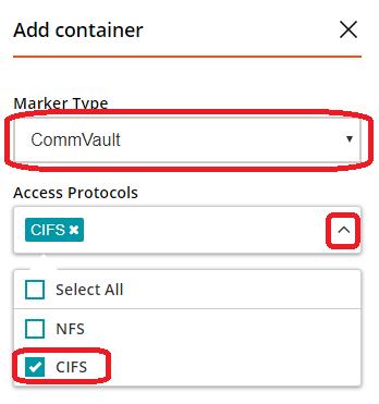 3 Click the Marker Type dropdown and select Commvault. In the Access Protocols field, select CIFS. Leave Marker Type on Auto. Click Next.
