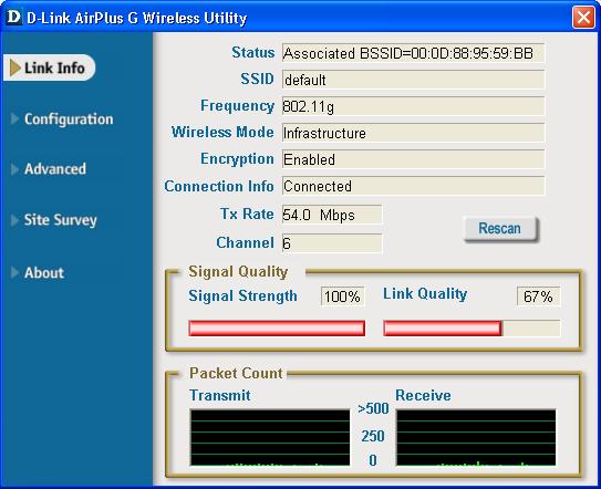 Appendix B - Link Info Using the Configuration Utility For Windows Operating Systems A. Status: Displays the MAC Address of the Access Point that is associated with the DWL-G122. B. SSID: The Service Set Identifier is the name assigned to the wireless network.