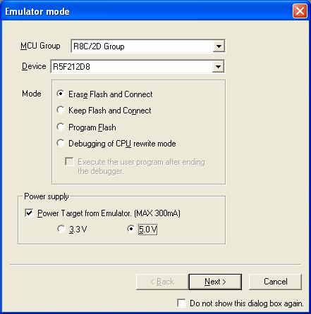 30. The Emulator Setting dialog will be shown. Select the correct MCU group (R8C/2D) and device type (e.g. R5F212D8 for RSKR8C2D).
