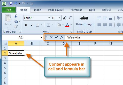 To Insert Content: 1. Click on a cell to select it. 2. Enter content into the selected cell using your keyboard. The content appears in the cell and in the formula bar.