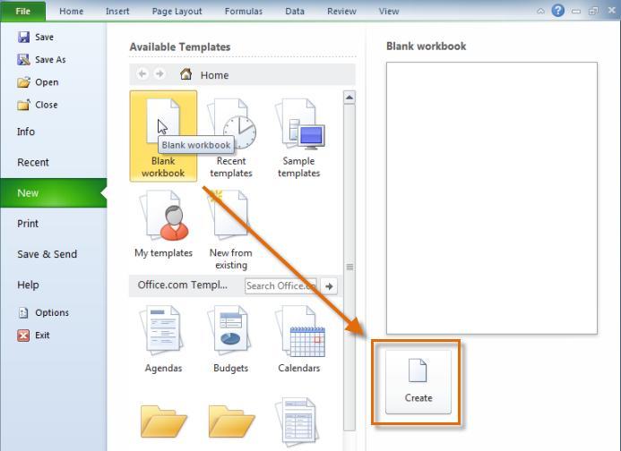 To Create a New, Blank Workbook: 1. Click the File tab. This takes you to Backstage view. 2. Select New. 3. Select Blank workbook under Available Templates. It will be highlighted by default. 4.