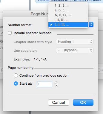 1. Follow the instructions for Option 1, until you get to step 11. 2. On the dialogue box that appears, choose Roman Numerals. 3. Change the NUMBER FORMAT to Roman numerals. 4.