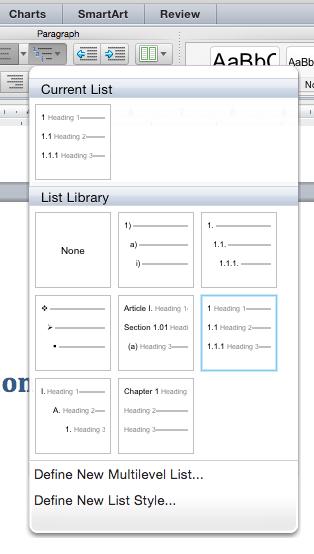 Applying numbered headings If you wish to use numbered headings do the following: 1. Insert a few headings. 2. Click on the HOME tab and select the MULTILEVEL LIST icon in the Paragraph section. 3.