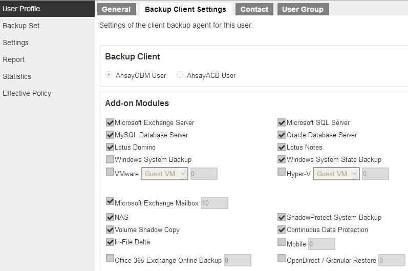 The following shows the first half of the Backup Client Settings tab under the User Profile settings page.
