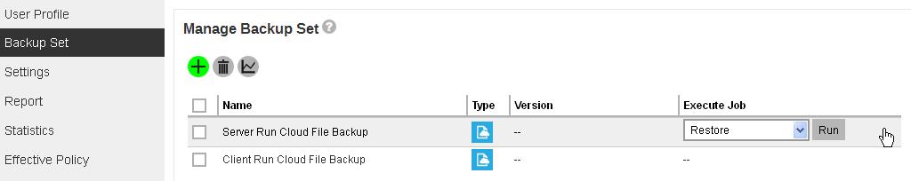 For Cloud File Restore Click on the User icon. Select Backup Set from the left panel, then select Restore under Execute Job drop down menu, then click Run.
