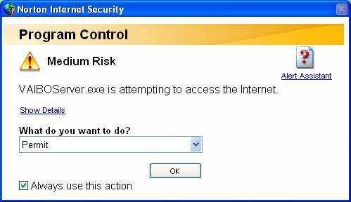 - Check the box next to VAIBOServer - Click OK twice - If you still cannot connect, return to the windows firewall settings window and turn the windows firewall off - For users that also have Norton