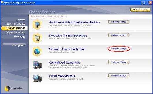 Symantec Open Symantec Endpoint Protection, Click Change Settings, and then click Configure Settings for
