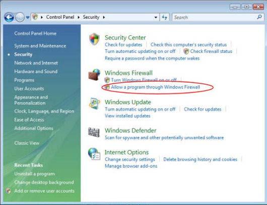 2. Click Allow a program through Windows Firewall.