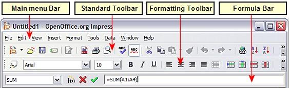 Using spreadsheets in Impress Figure 2: A slide ready to host a spreadsheet When editing a spreadsheet, some of the contents of the main menu bar change, as does the Formatting toolbar (see Figure