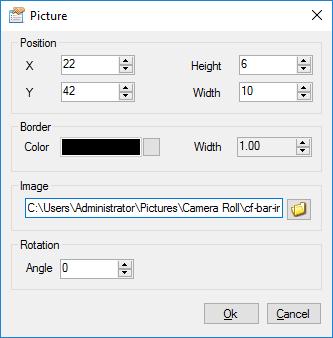 Picture: Picture property is same as Rectangle property except Image field. You need to browse and select image file from your disk to display image this rectangle area.