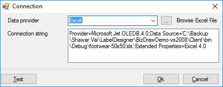 If you want to print label data from database, click connection edit button to bring up connection setup window.