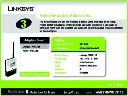 5. The screen shown in Figure 4-4 displays a list of Wireless-B Media Links for Music that have been found on your network, along with the settings for the Media Link whose name is highlighted.