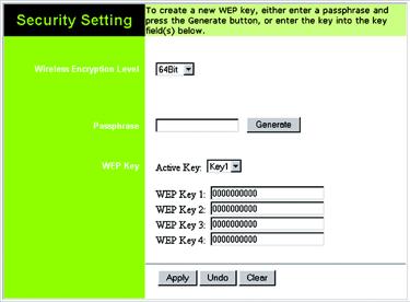 If you clicked the Edit Security Settings button, then the Security Setting screen will appear. From the Wireless Encryption Level drop-down menu, select a level of encryption, 64Bit or 128Bit.