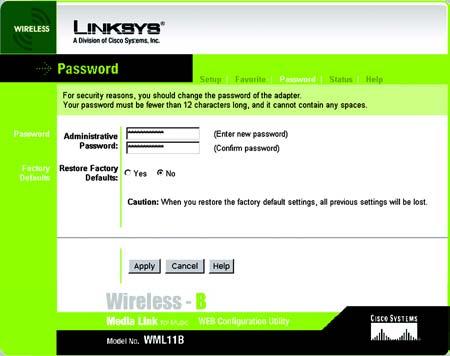 Password The Password screen lets you change the Media Link s Password or restore the factory default settings.