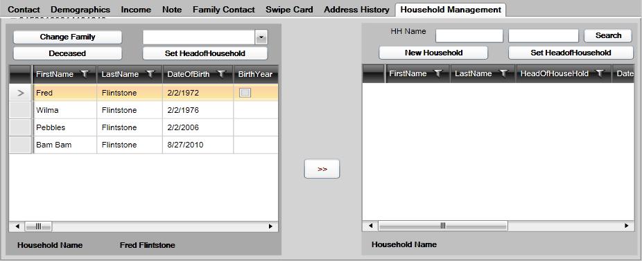 9 Click HOUSEHOLD MANAGEMENT to manage household Move customer to different family within household o Select customer in Household Member grid on left o Select household member who s family you are
