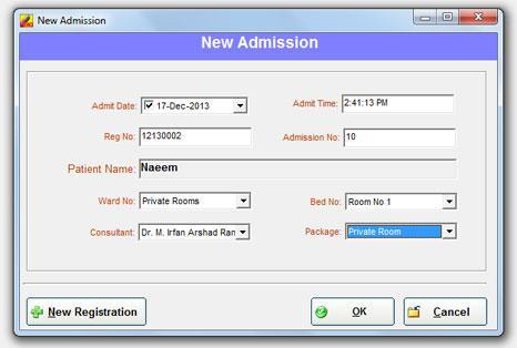 Indoor Patient To admit a new patient clicks on New admission from 2 nd row of menu. A new window as given below will be opened. 1. Date and time will already available. 2. Give patient registration no and press enter.