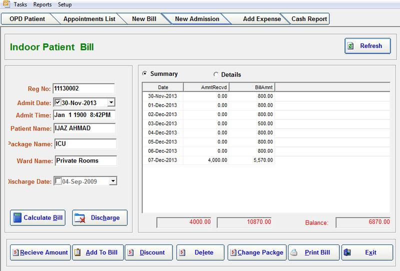Indoor Patient Bill As explain in previous page, when you select a patient from Indoor Patient list and click on Show bill a new window will be open.