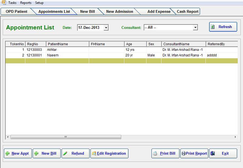 Appointment list All booking are available in Appointment list. Screen shot is given below. From here you can: a. Give new appointment. As per procedure given in 6.1 above. b. Bill a patient for admission/investigation.