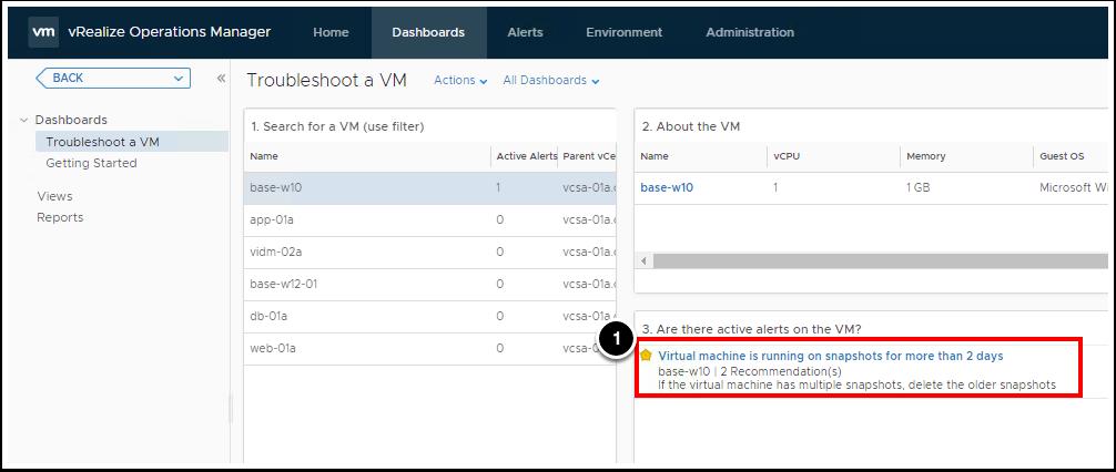 Viewing Active Alerts By looking at step 3, we can see that there is alert that this VM is running on an old snapshot.