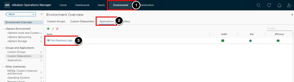 Looking at our new application Dashboard 1. Lets go back to the Environment tab 2. Then click on Applications tab 3.