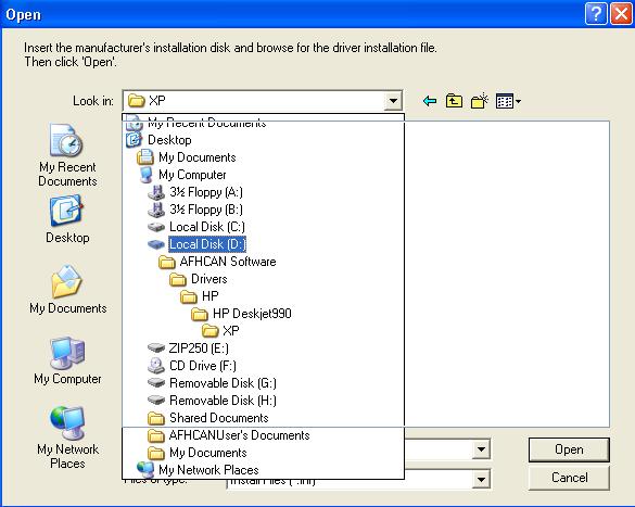 12. Browse to D:\AFHCAN Software\Drivers\HP Printers and select the appropriate folder for the model of