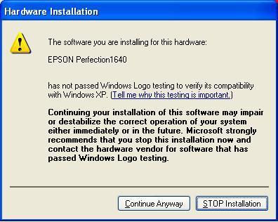 Figure 1 Windows Logo Warning If prompted to replace existing files, respond Yes to all prompts. Should there be any messages stating that the hardware cannot be installed, click on Cancel.