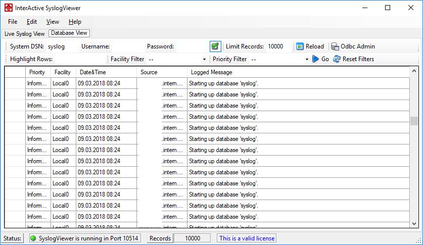 14 InterActive SyslogViewer Reload This button is to reload the database. This is needed to view if there are new log messages in the database.