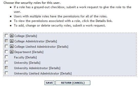 Finally, for both faculty and staff, you choose the security role for the user by checking the appropriate box in the list (see screen shot below).