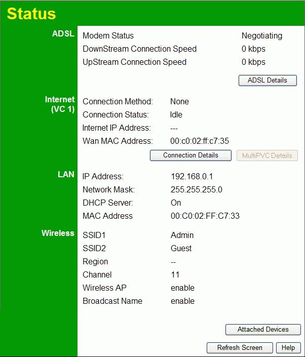 Chapter 5 Operation and Status 5 This Chapter details the operation of the Wireless ADSL Router and the status screens. For Details of operation in Bridge (Modem) mode, see Chapter 8 - Modem Mode.