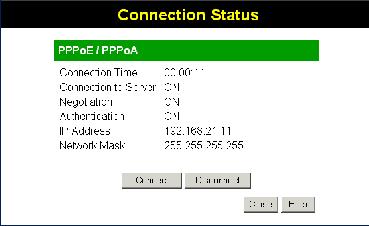 Wireless ADSL Router User Guide Connection Status - PPPoE & PPPoA If using PPPoE (PPP over Ethernet) or PPPoA (PPP over ATM), a screen like the following example will be displayed when the