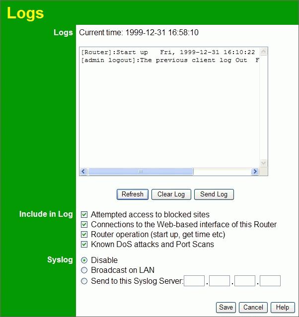 Advanced Administration Logs The Logs record various types of activity on the Wireless ADSL Router.