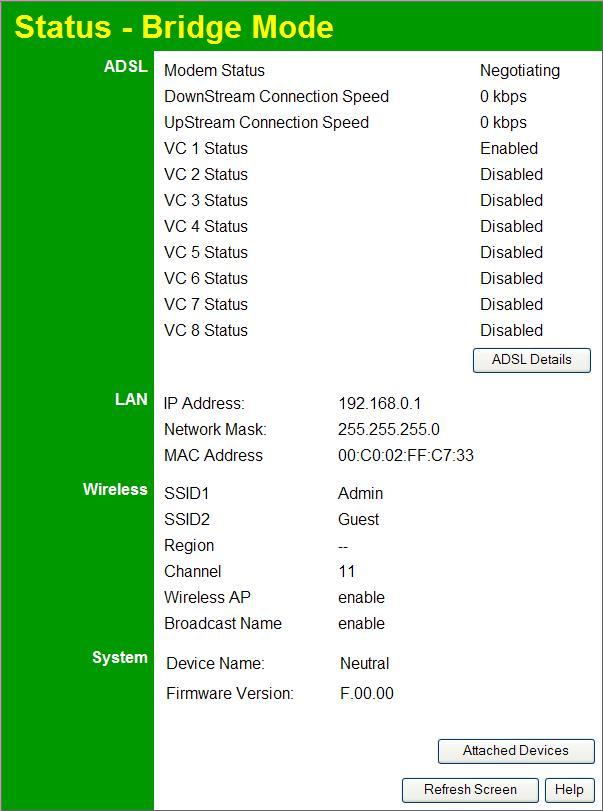 Wireless ADSL Router User Guide Status Screen In Modem mode, the Status screen looks like the example below.