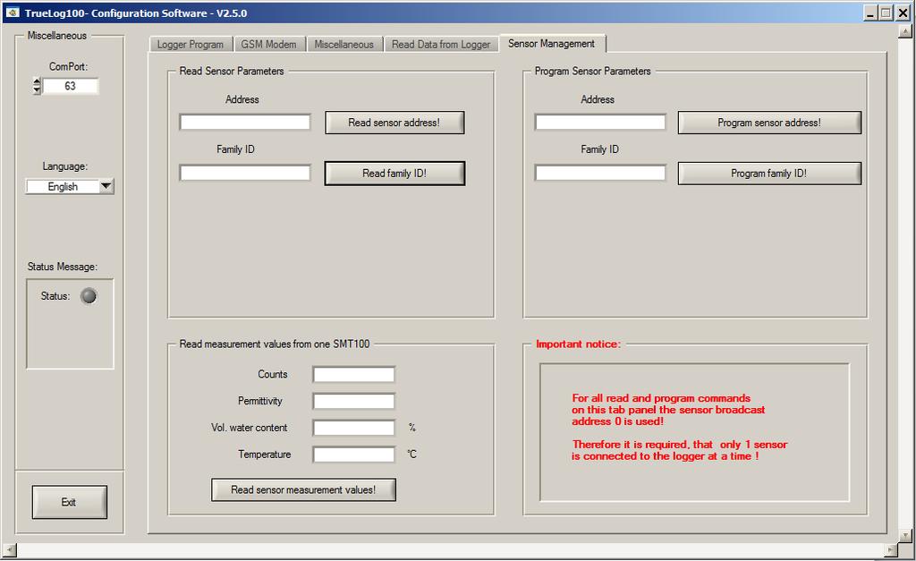 Tab 5: Sensor Management Figure 11: Tab 5 of the logger software. The address of a sensor can be programmed and read back.