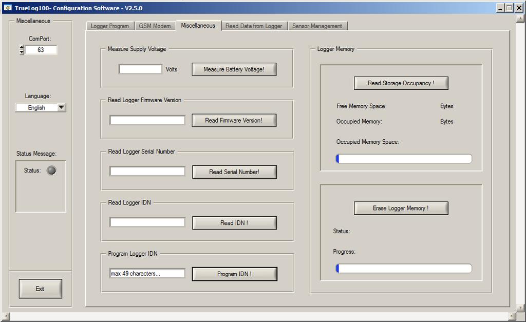 Tab 3: Miscellaneous Figure 9: Tab 3 of the logger software. Miscellaneous options are provided such as erasing the logger memory or reading the serial number and firmware version of the logger.