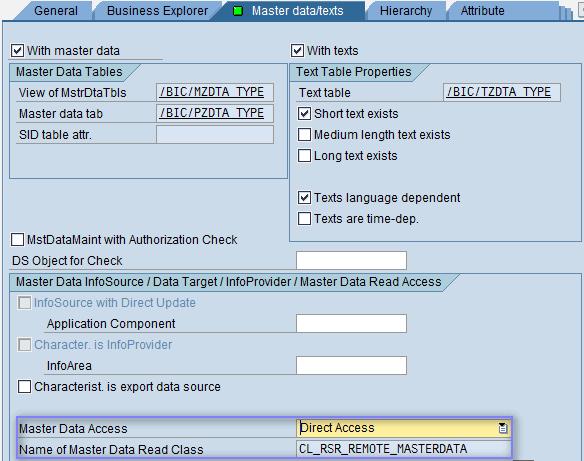 Create required characteristics (Request number, Data target and Data target type) and enable direct access in Master Data Access drop down under Master data/text menu level as shown below.