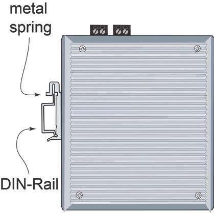 If you need to reattach the DIN-Rail attachment plate to the Industrial Secure Router, make sure the stiff metal spring is situated towards the top, as shown in the
