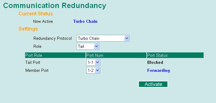 Member Switch Configuration Tail Switch Configuration Current Status Now Active Shows which communication protocol is in use: Turbo Ring, Turbo Ring V2, RSTP, Turbo Chain, or None.