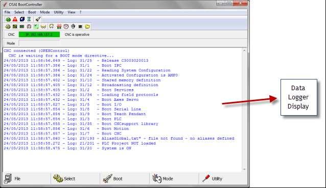 diagnostics are displayed in the main window of the BootController application (Data Logger Display).