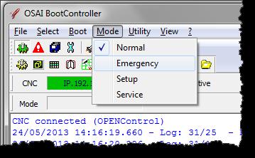 or with the dedicated button in the BootController toolbar. After selection, reboot the CNC using the Shut Down command from the Boot menu entry.