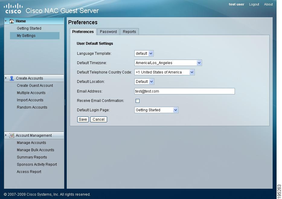 Connecting to the Cisco NAC Guest Server Figure 17-3 Preferences Page Click the Save button to save your default settings.