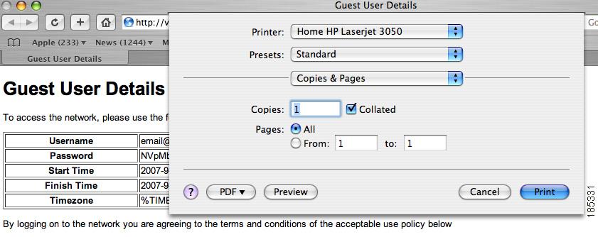 Creating Guest User Accounts Print Account Details Click the Print Account button from the Create Guest Account page shown in Figure 17-7.
